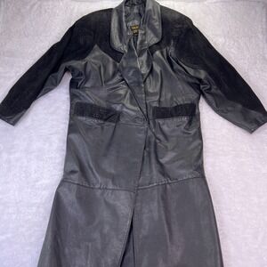 VTG Women's Black Leather Trench Coat Medium Suede‎ Pattern Arms -Missing Button